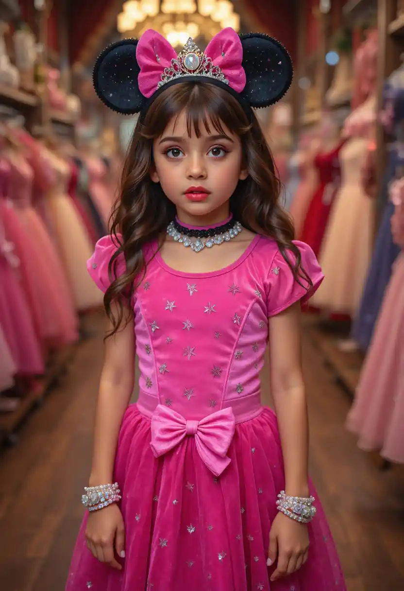 Nervous boy in pink Minnie dress posing in shop
