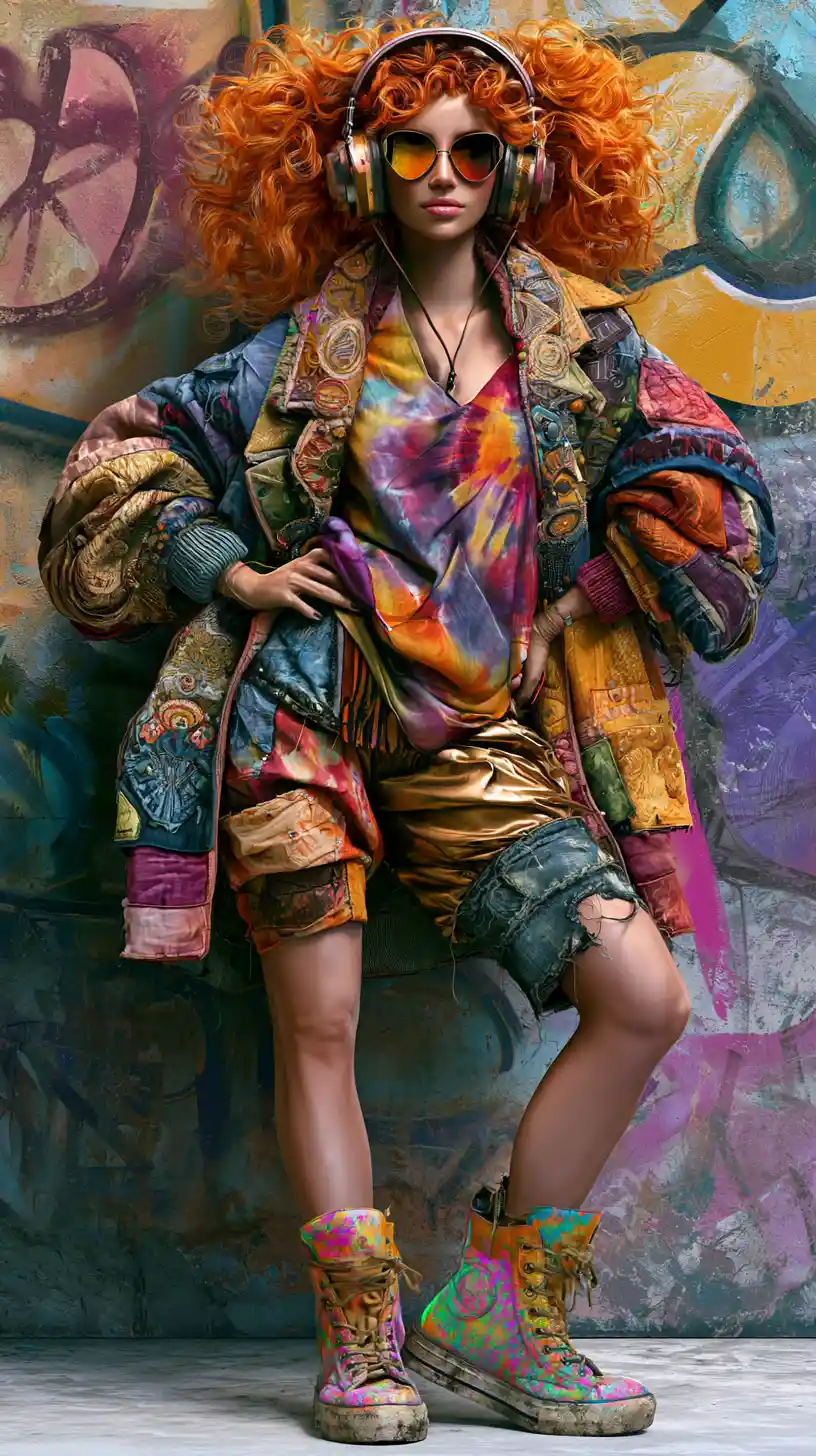 Rebellious fashion woman against neon urban graffiti wall