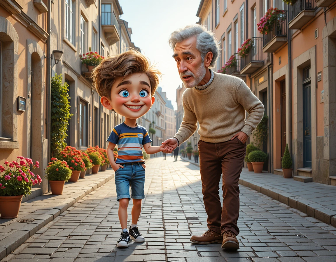 Young boy meeting his grandfather on a sunny street