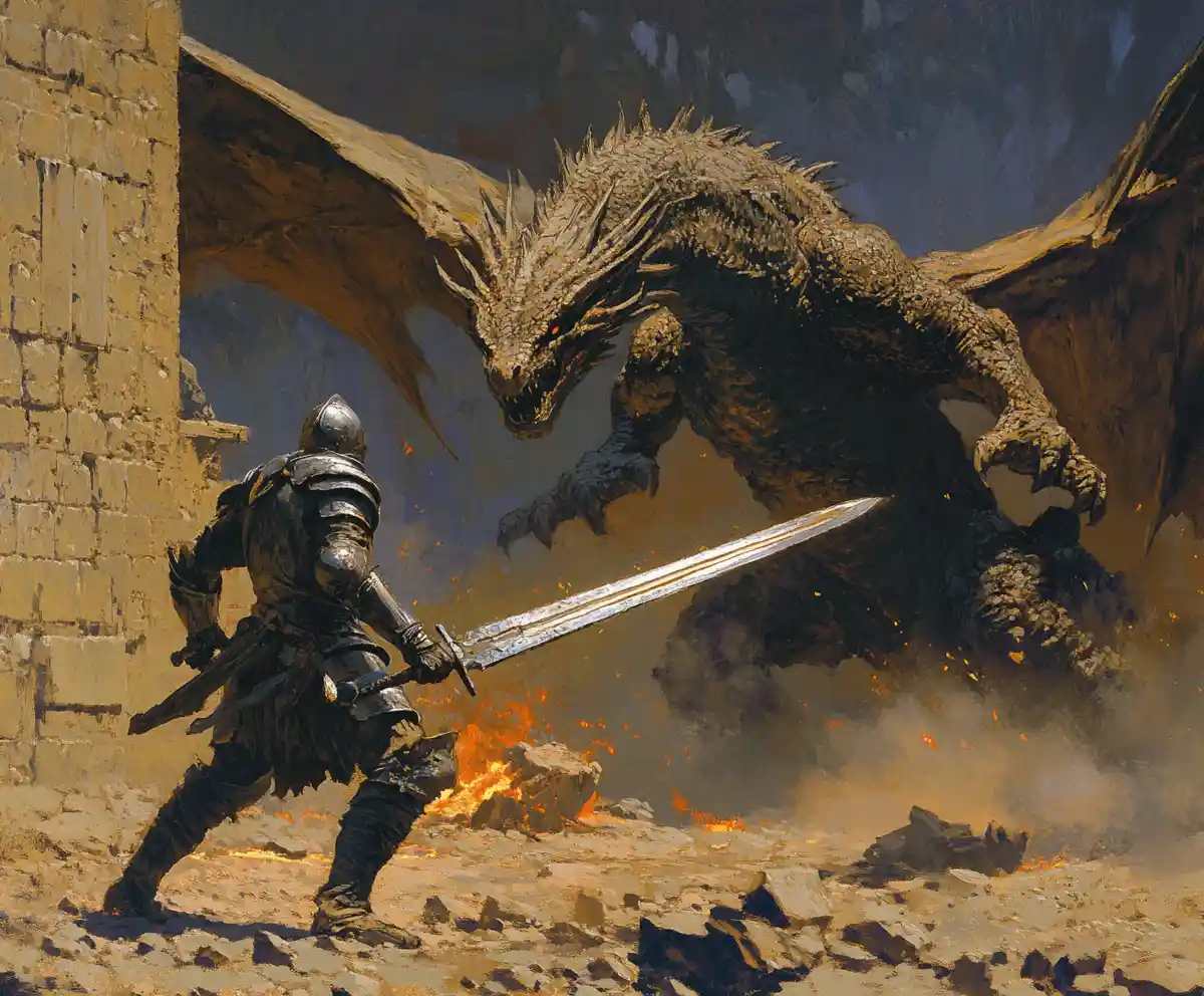 Medieval knight facing a massive dragon at dusk