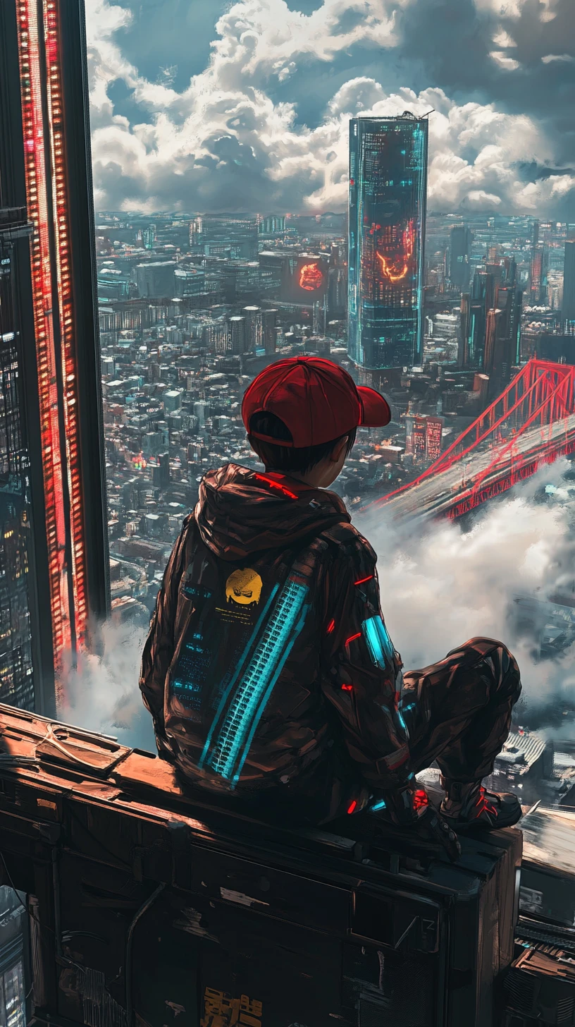 Anime boy on a rooftop edge above a neon cyberpunk city