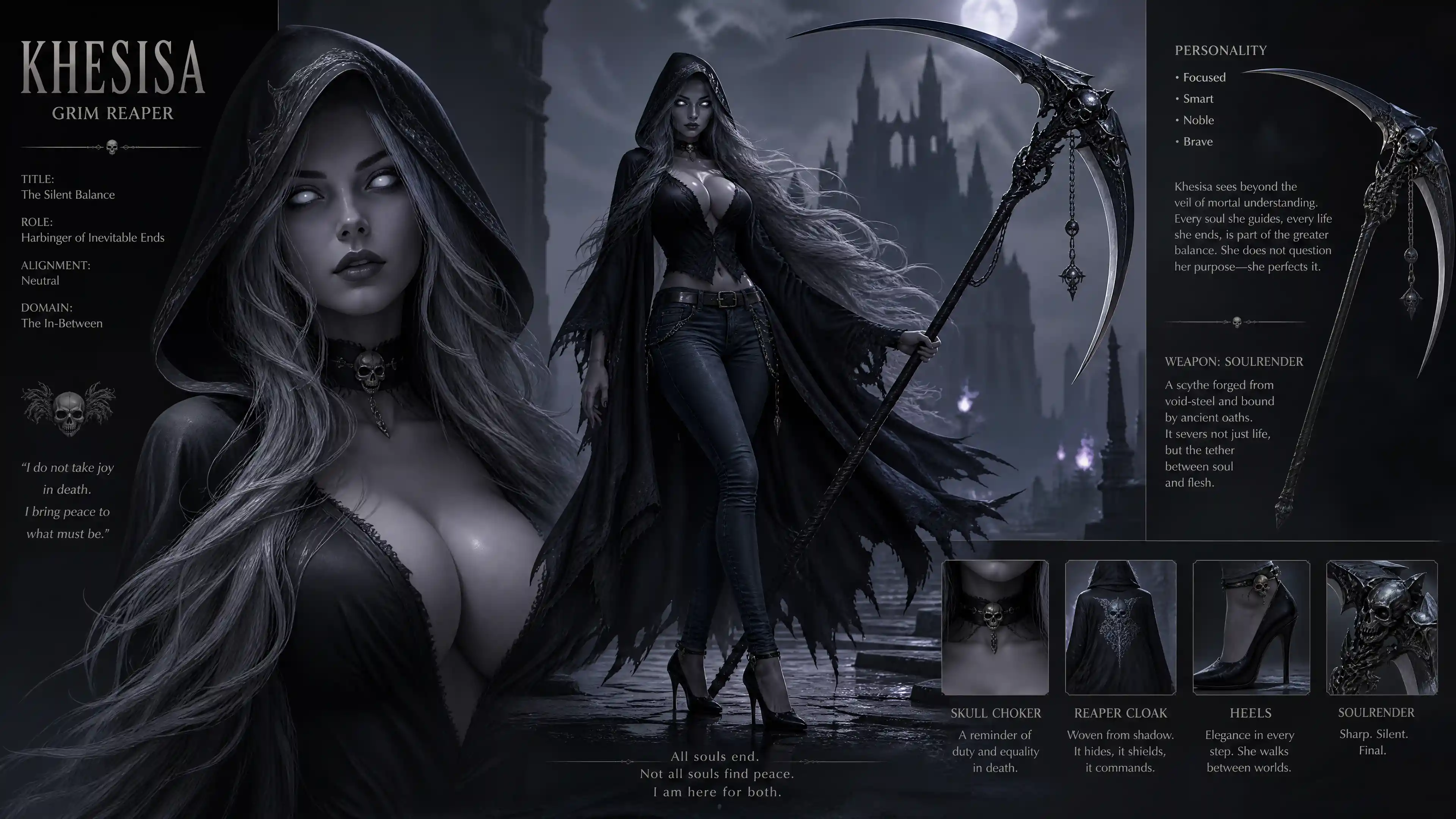 Female grim reaper with long grey hair and reaper scythe