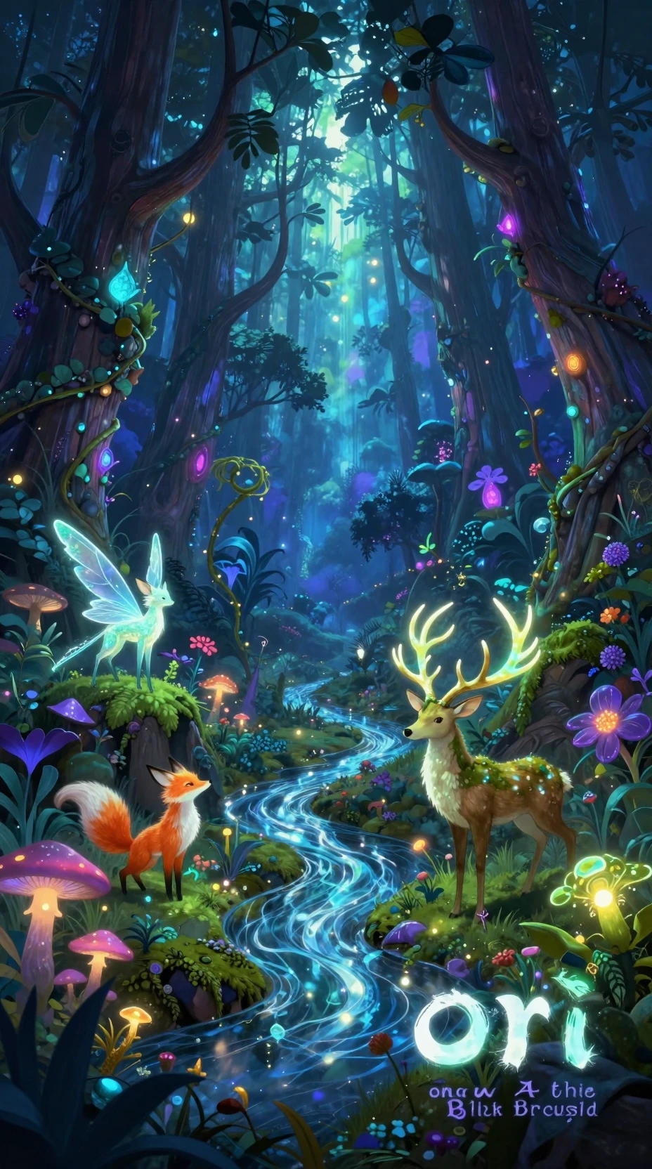 Magical Fantasy Forest With Glowing Creatures And River