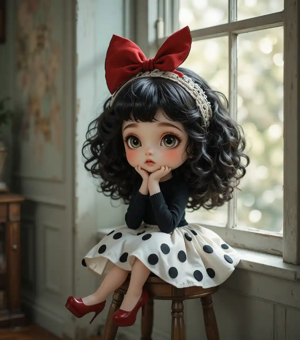 Whimsical girl on stool by a sunlit window