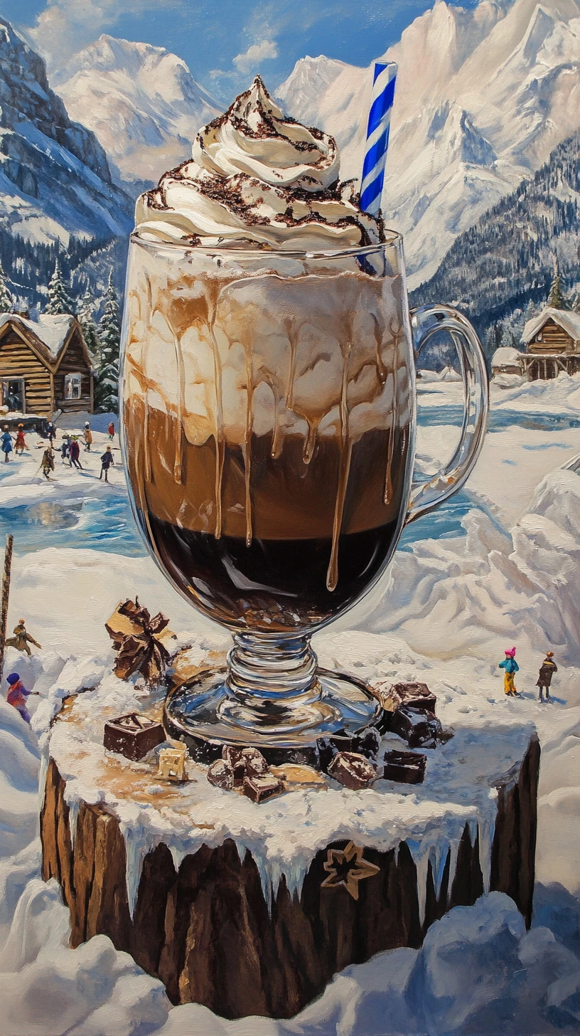 Giant Iced Coffee On Snowy Alpine Wooden Slice Painting