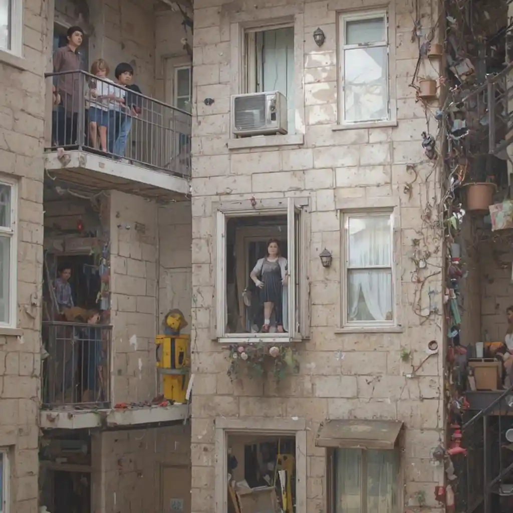 Young girl falling from upper floor apartment window