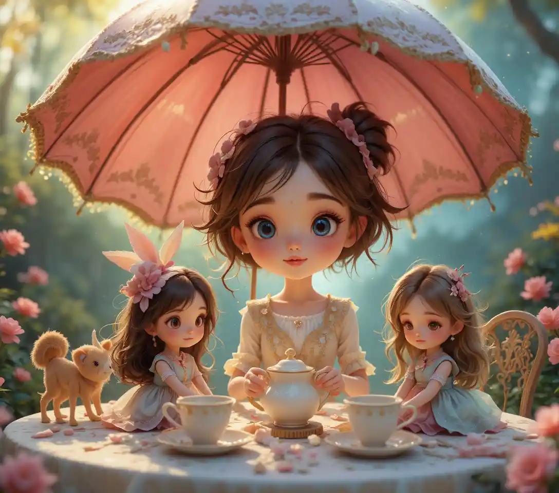 Little girl tea party with dolls under a big umbrella