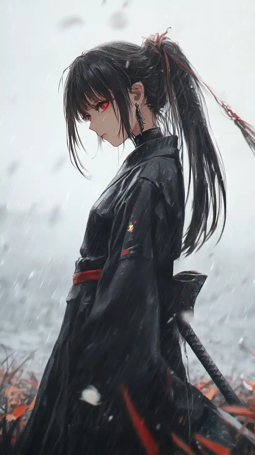 Somber anime girl on a rainy rooftop near wildflowers