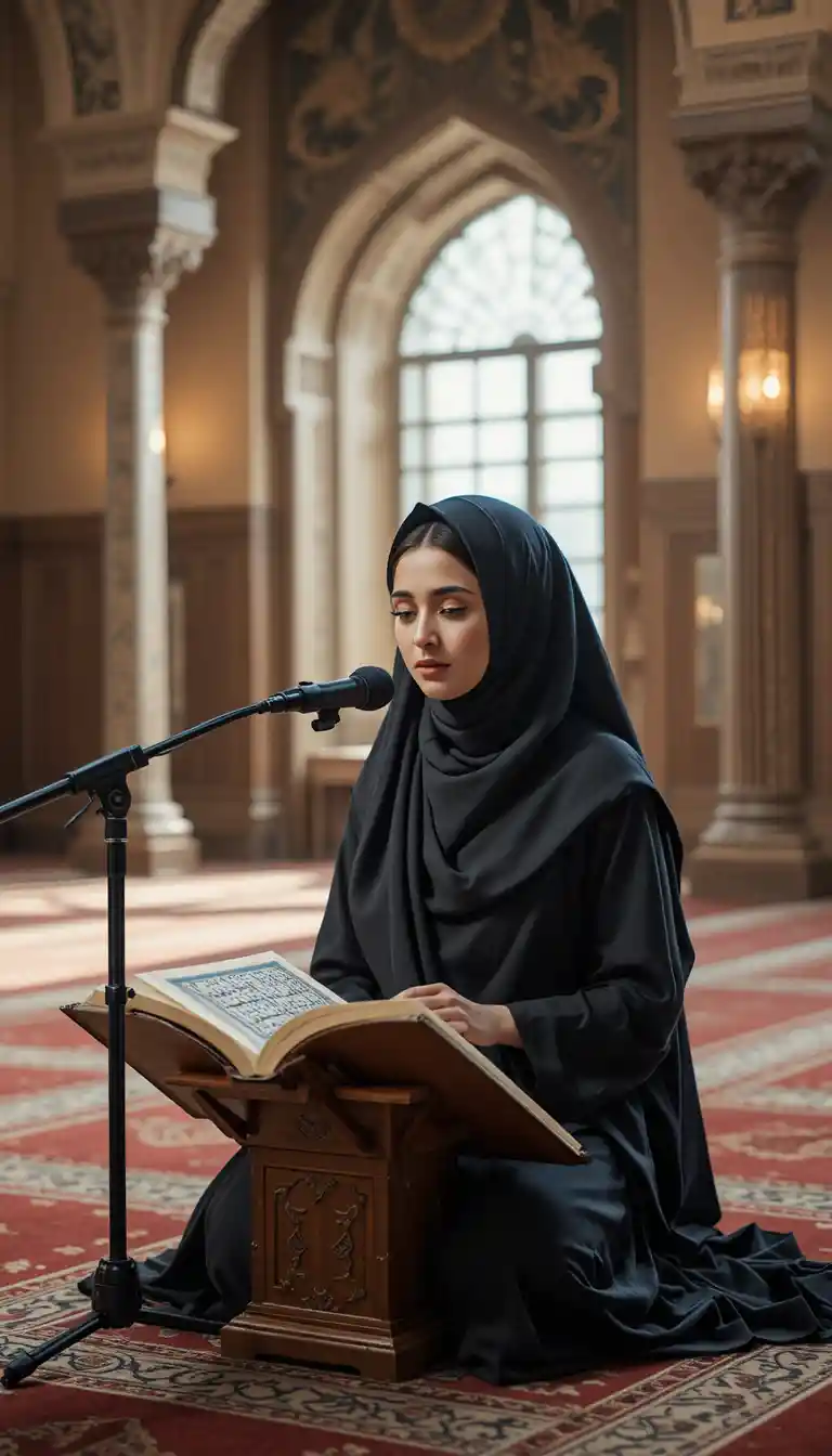 Young woman reciting Quran in serene prayer room