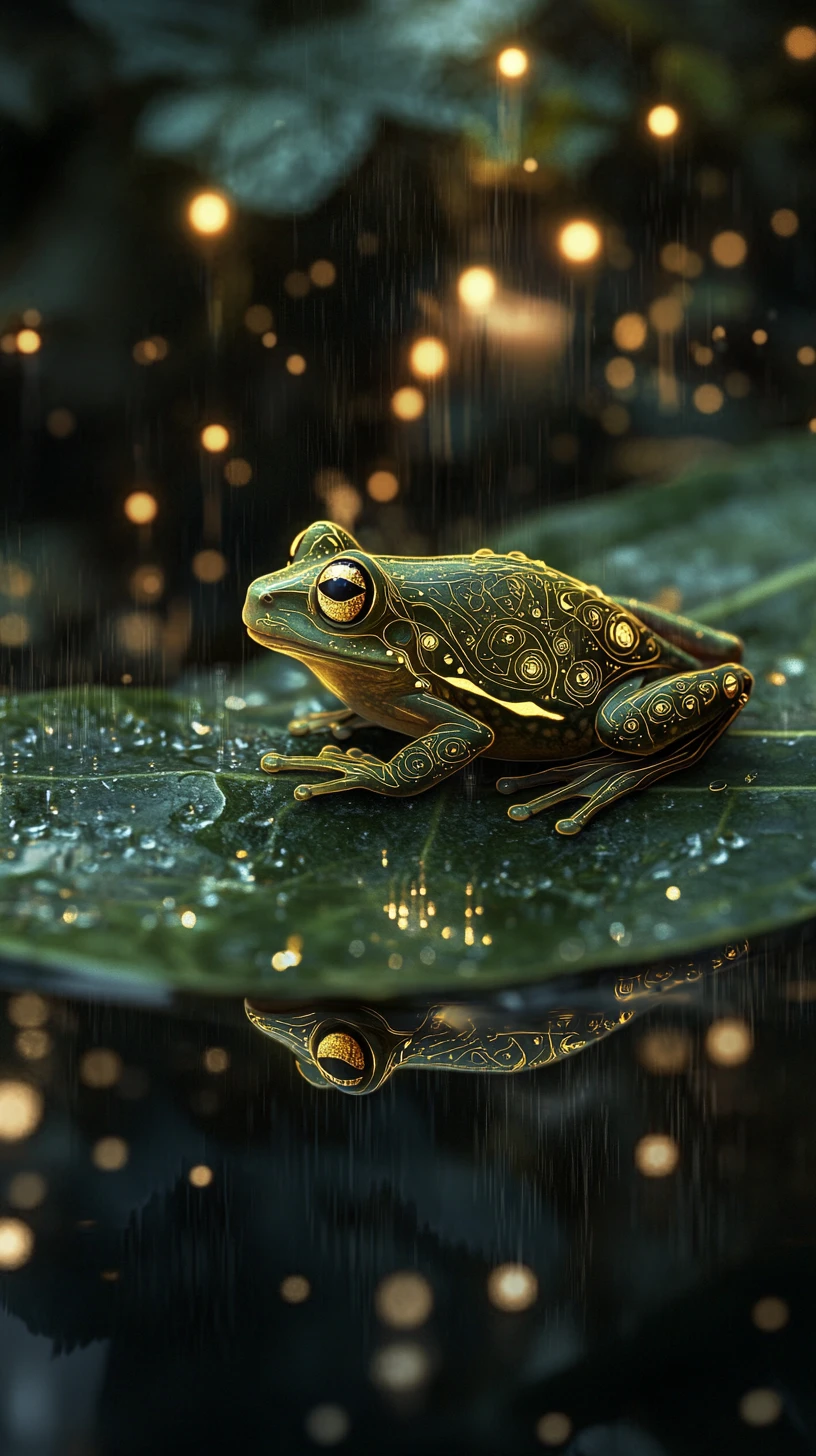 Tree frog resting on a vast leaf turned floating island