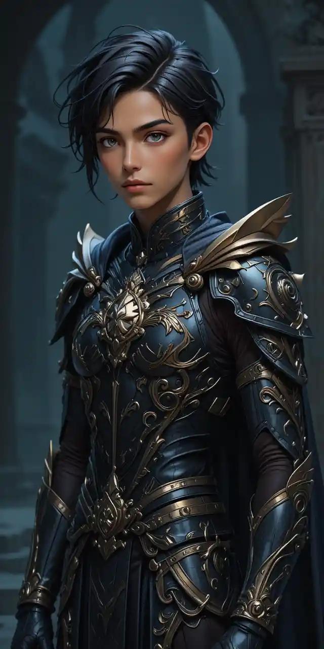Young dragon horned warrior in ornate anime armor