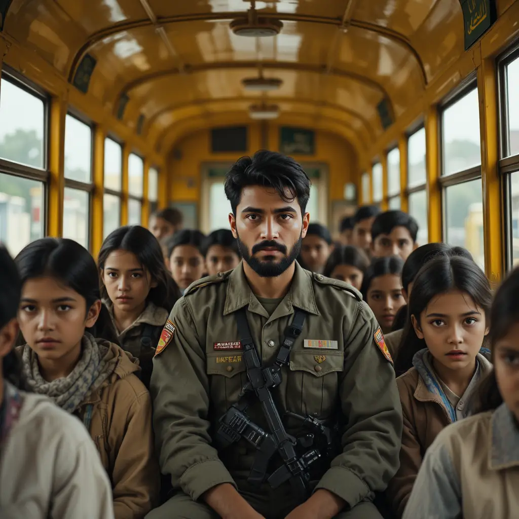 Pakistani soldier sitting with children inside yellow school bus
