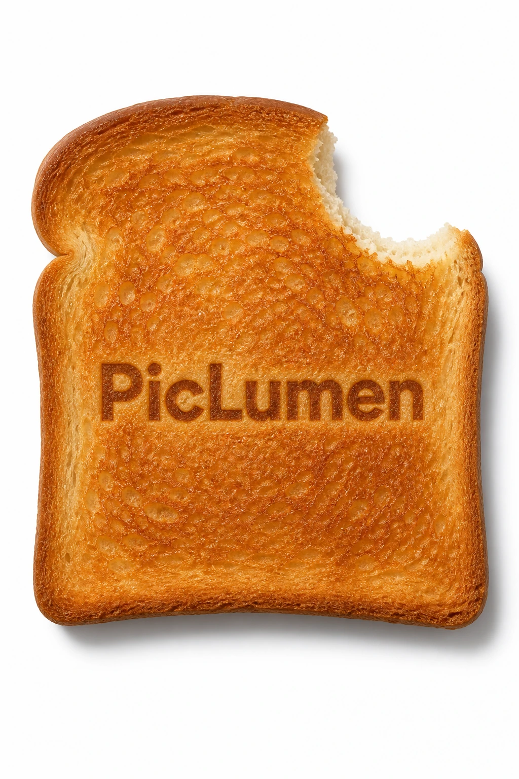 Toasted bread slice with logo bite on white background