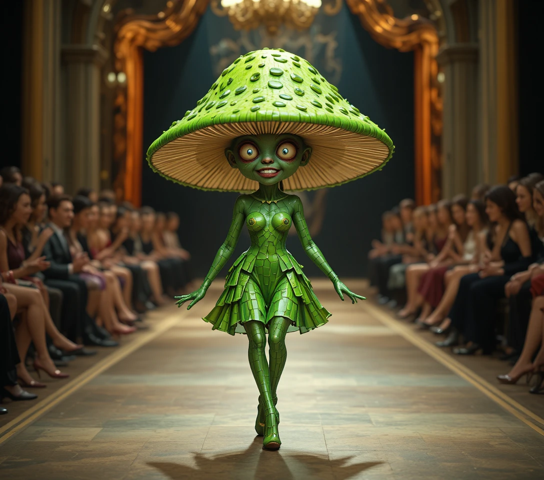 Playful durian mushroom strutting in high heels on runway