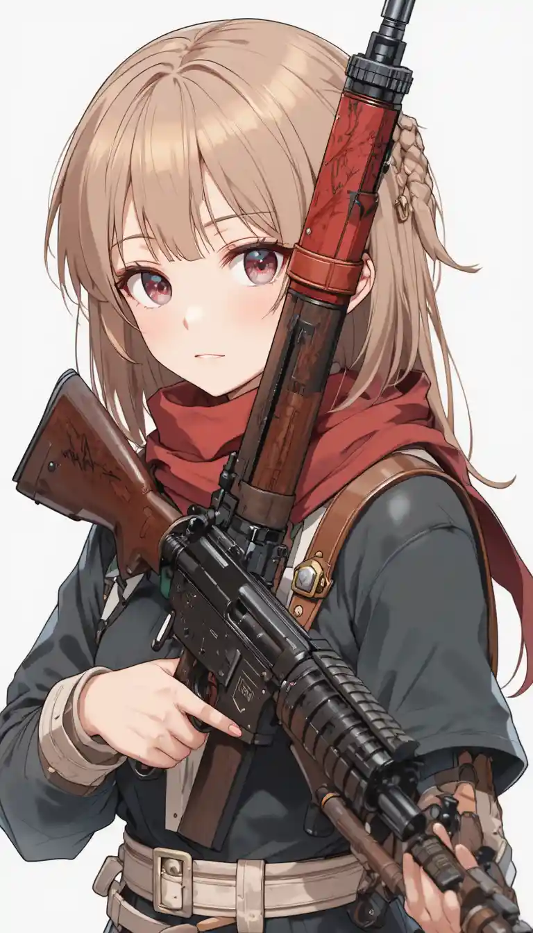 Anime girl holding worn assault rifle with red accents