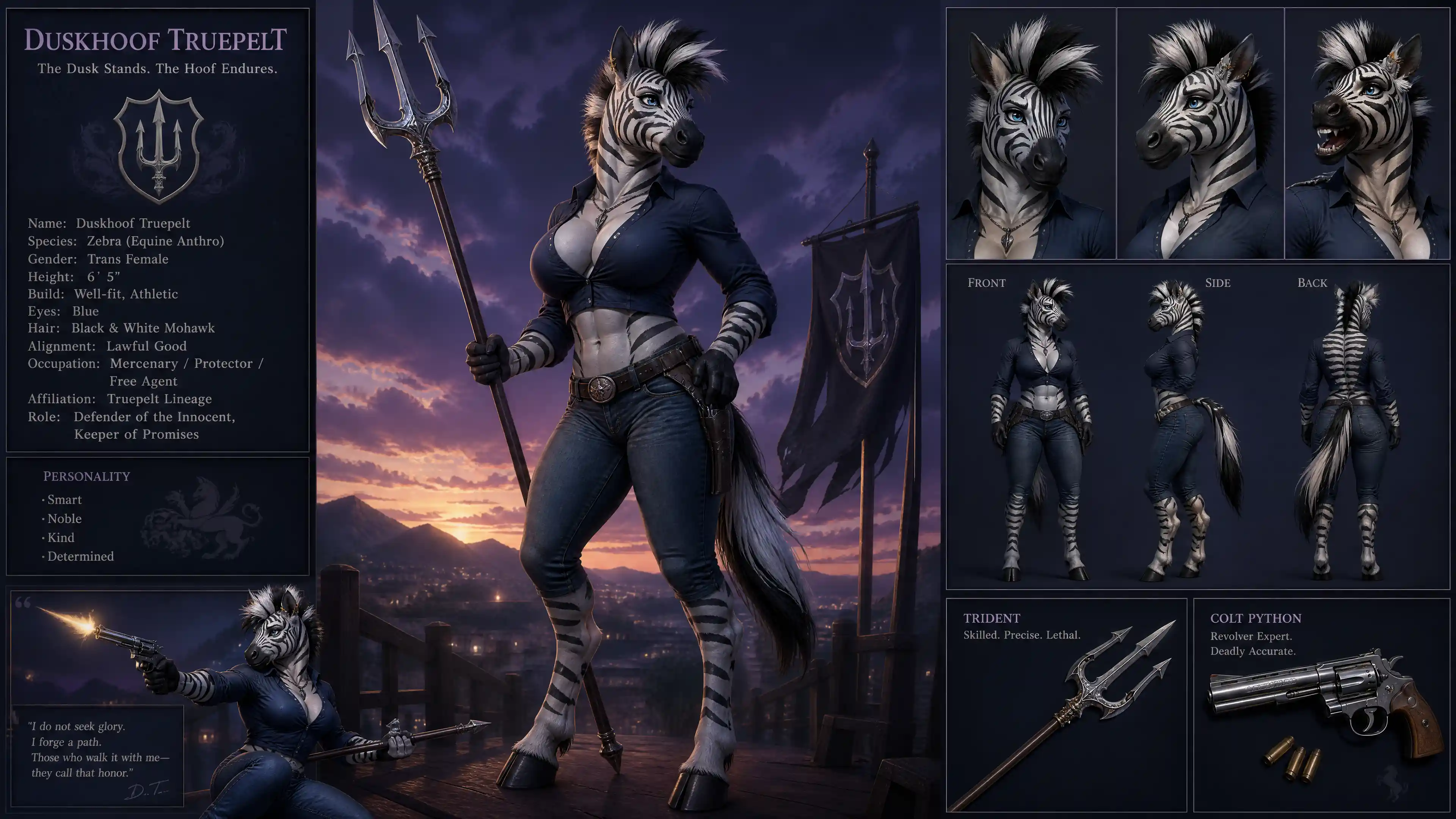 Determined zebra anthro woman in casual clothes with weapons