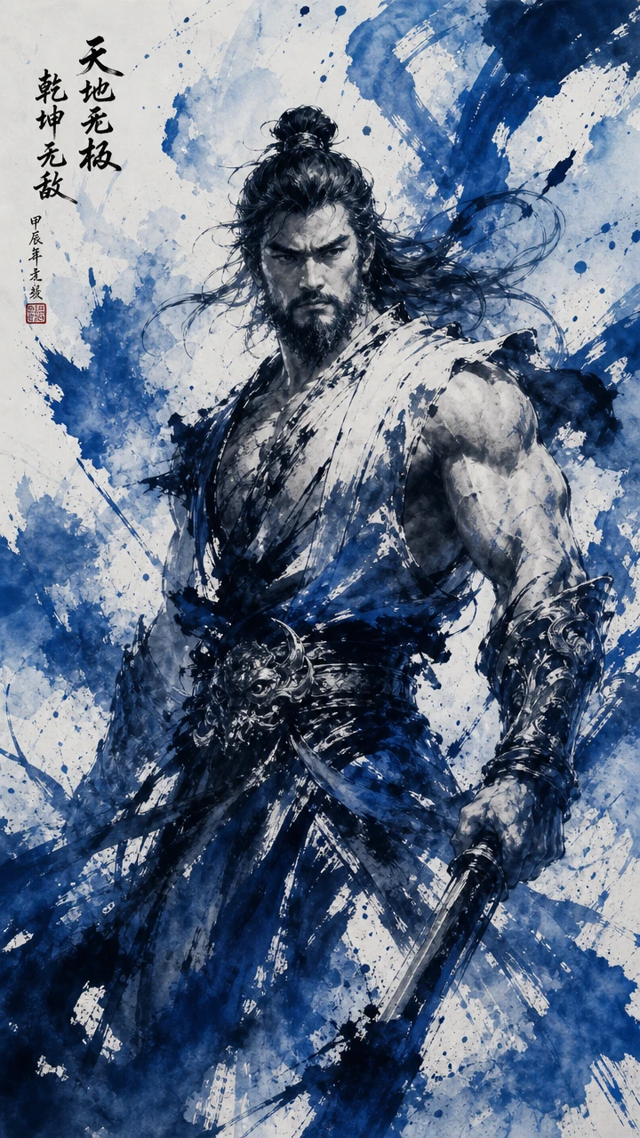 Mythical warrior emerging from bold blue ink brushstrokes