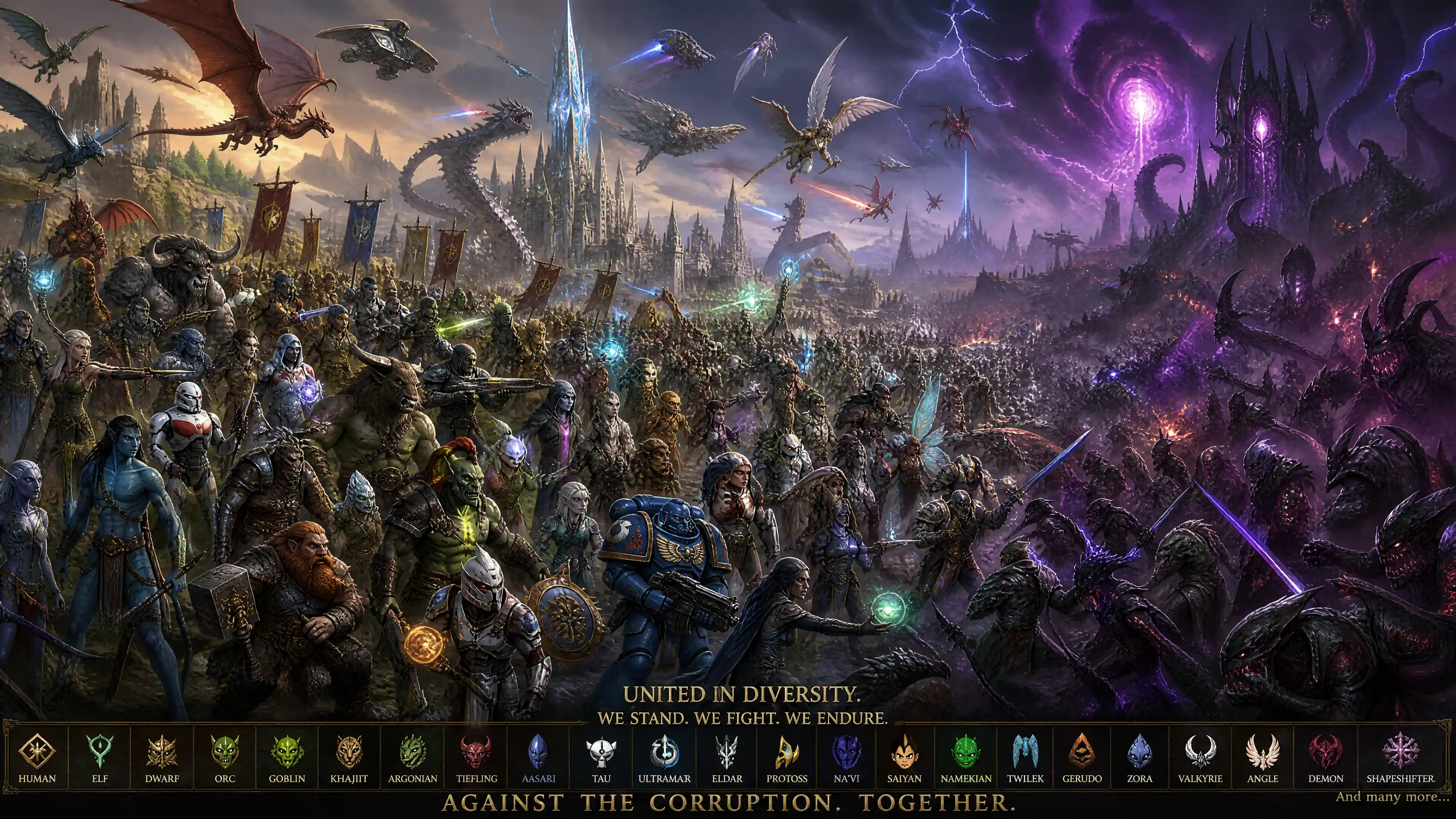 Epic fantasy armies united against a rising corruption force
