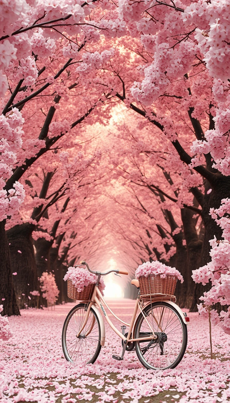 Cherry blossom avenue with vintage bicycle in soft sunlight