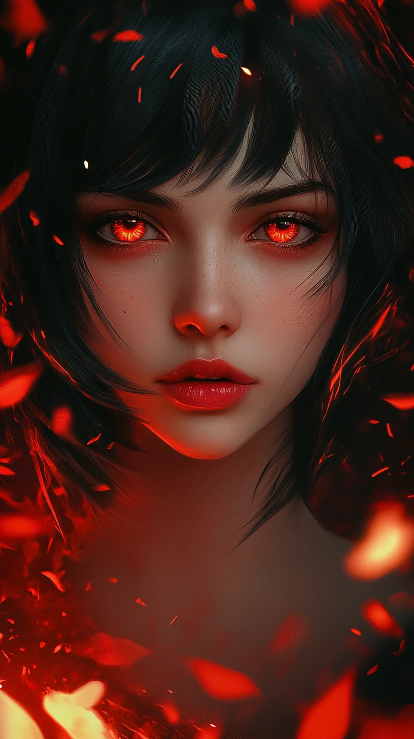 Mystical anime woman with glowing red eyes and petals