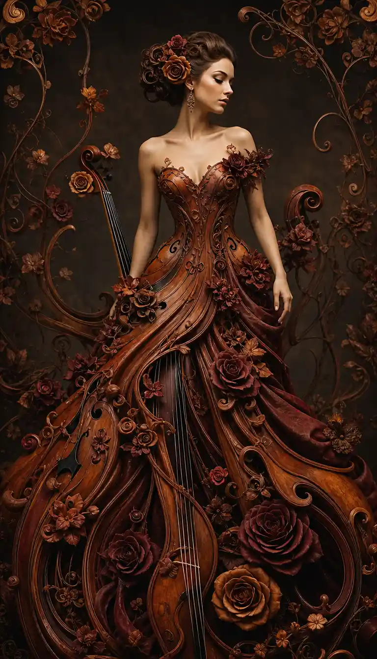 Floral gown transforming from carved violins in warm light