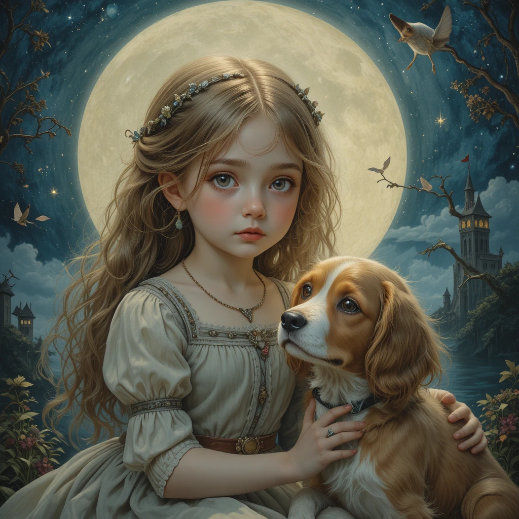 Young girl and loyal dog in gentle moonlit painting