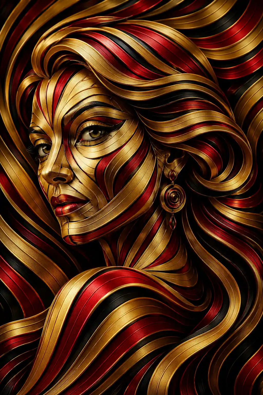 Woman portrait formed from flowing gold and red ribbons