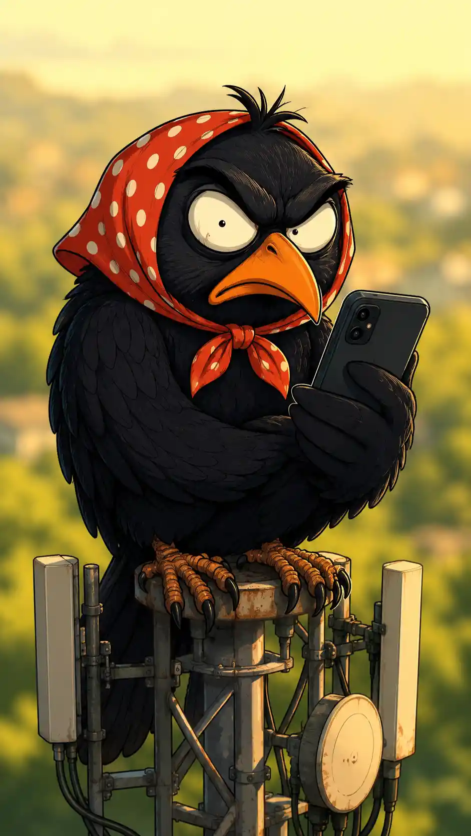 Angry black crow on cell tower with red polka dot scarf