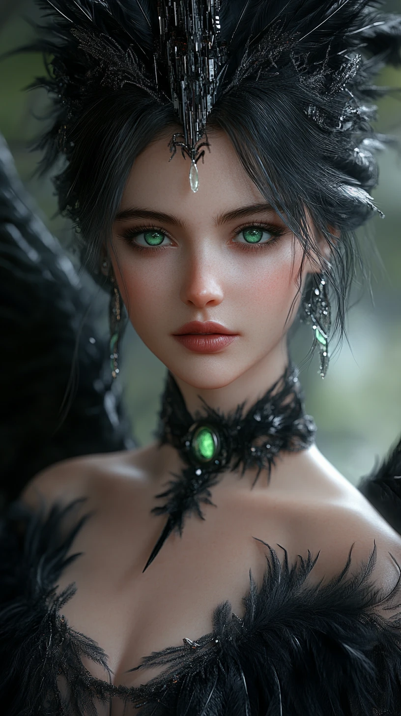 Ethereal Woman With Cyberpunk Halo And Black Angel Wings