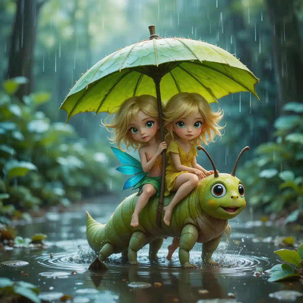 Two fairies ride a caterpillar under a leaf umbrella
