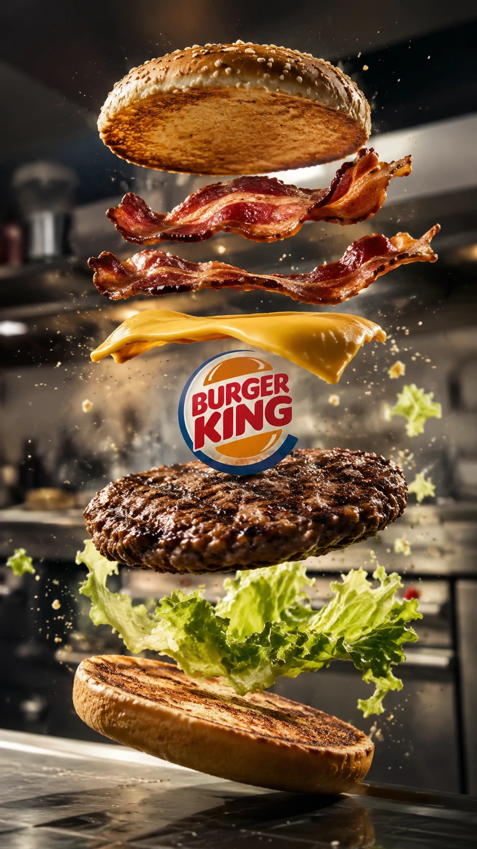 Hamburguesa 3D explotando en el aire con capas volando