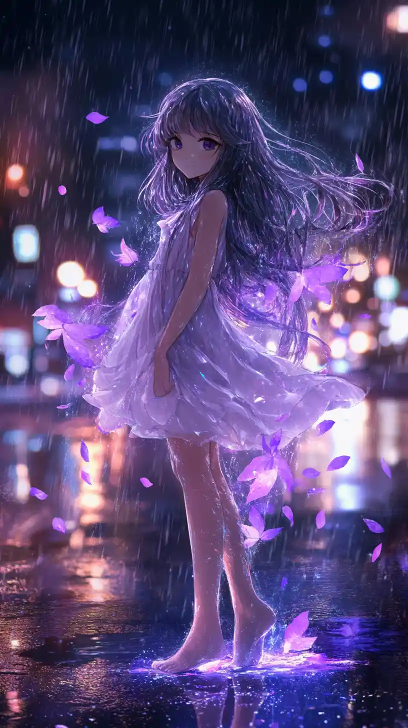 Anime girl on rainy city street with magical purple leaves