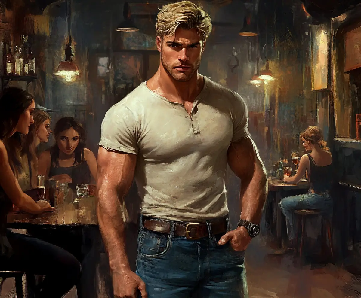 Muscular blonde man standing in a cozy pub interior