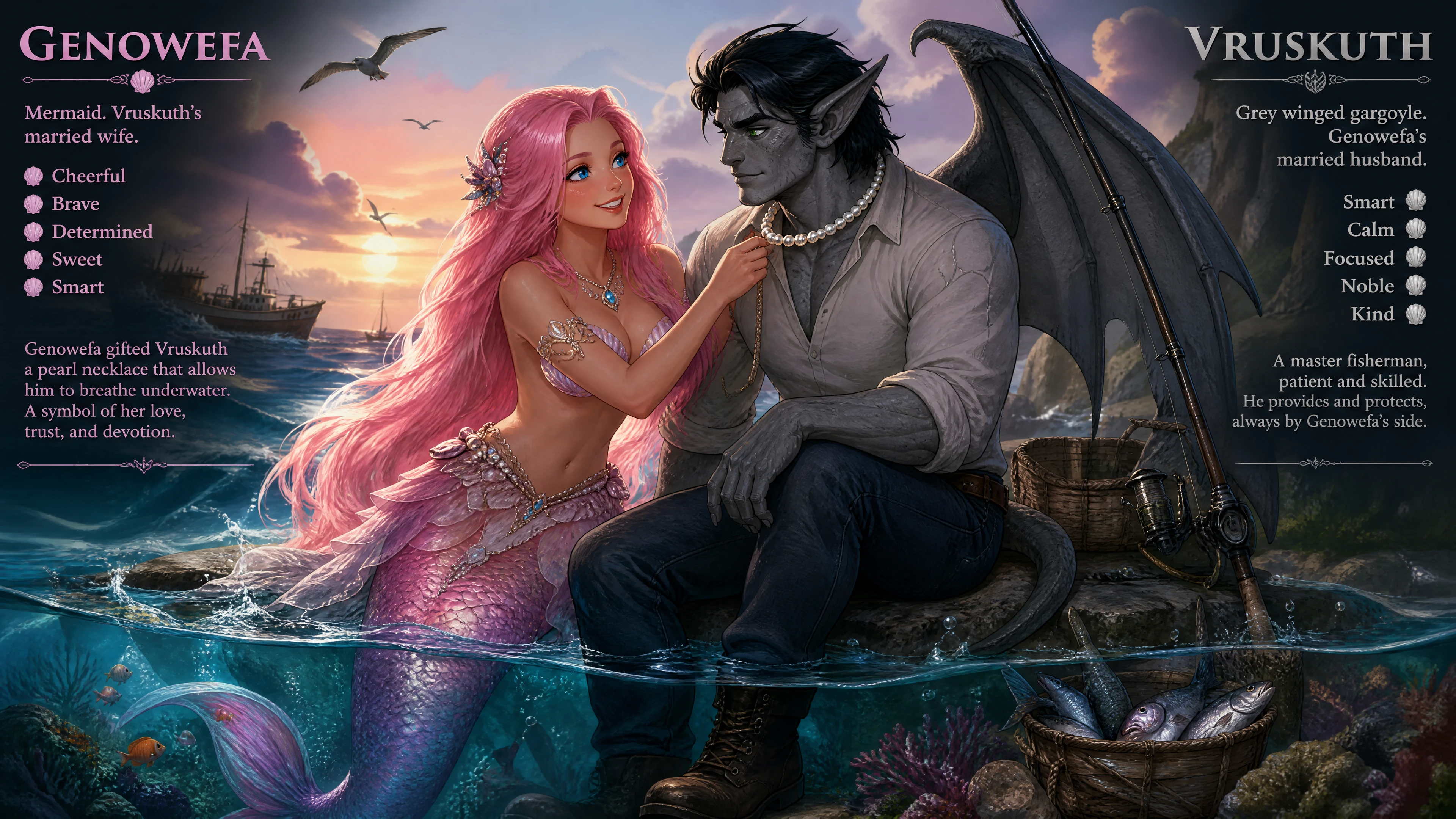 Cheerful pink haired mermaid with shell bra underwater