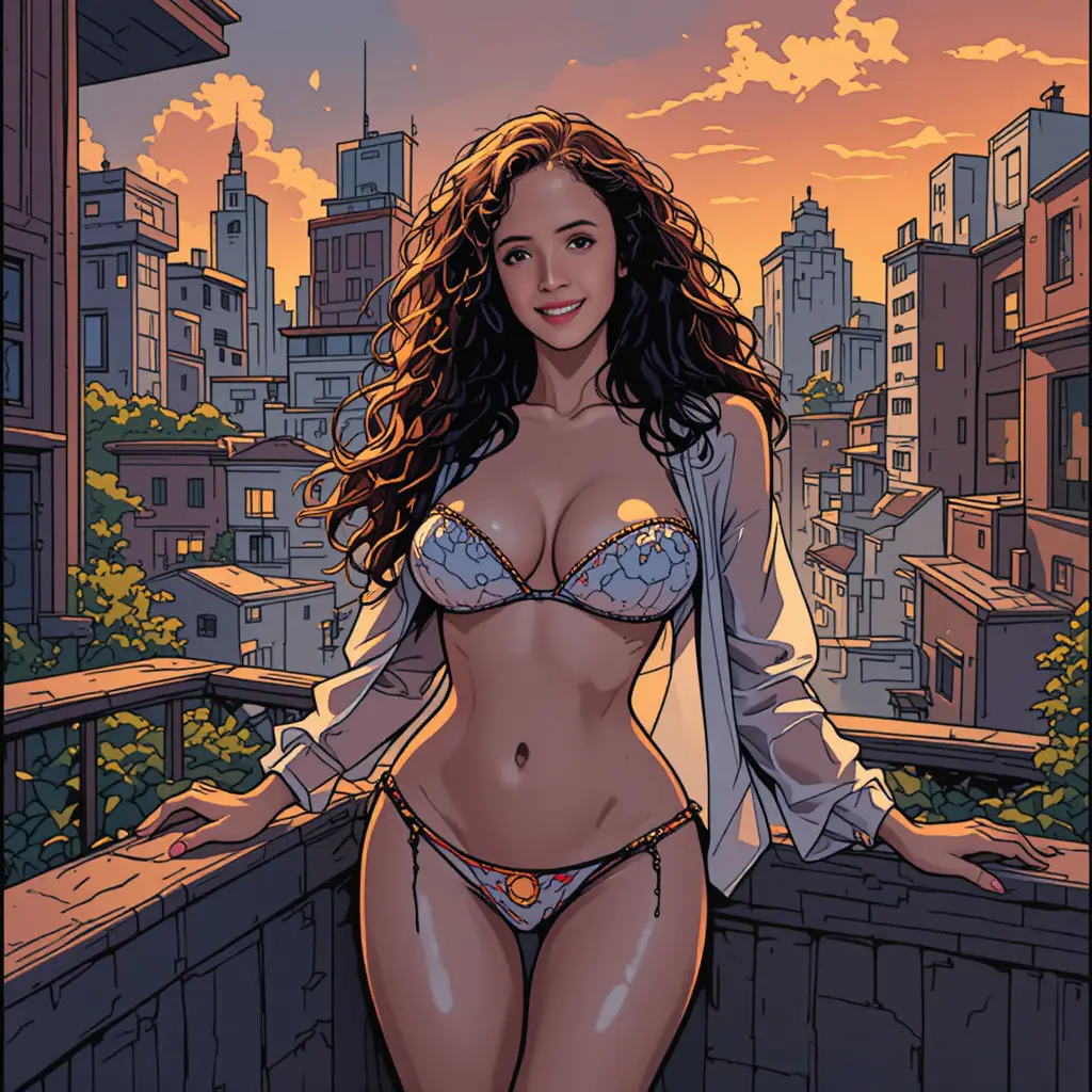 Curvy woman in bikini on city terrace comic illustration