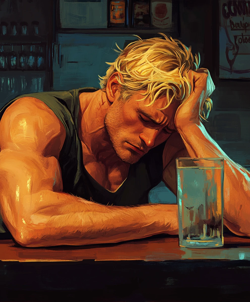 Muscular Blonde Man Sitting Alone In A Dim Bar