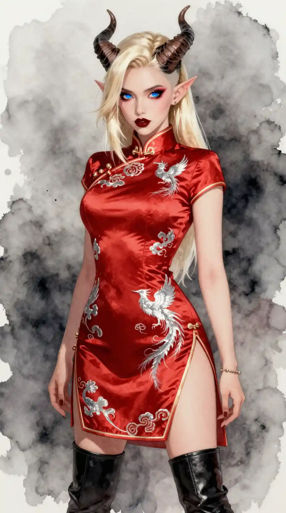 Confident tiefling woman in red silk cheongsam dress