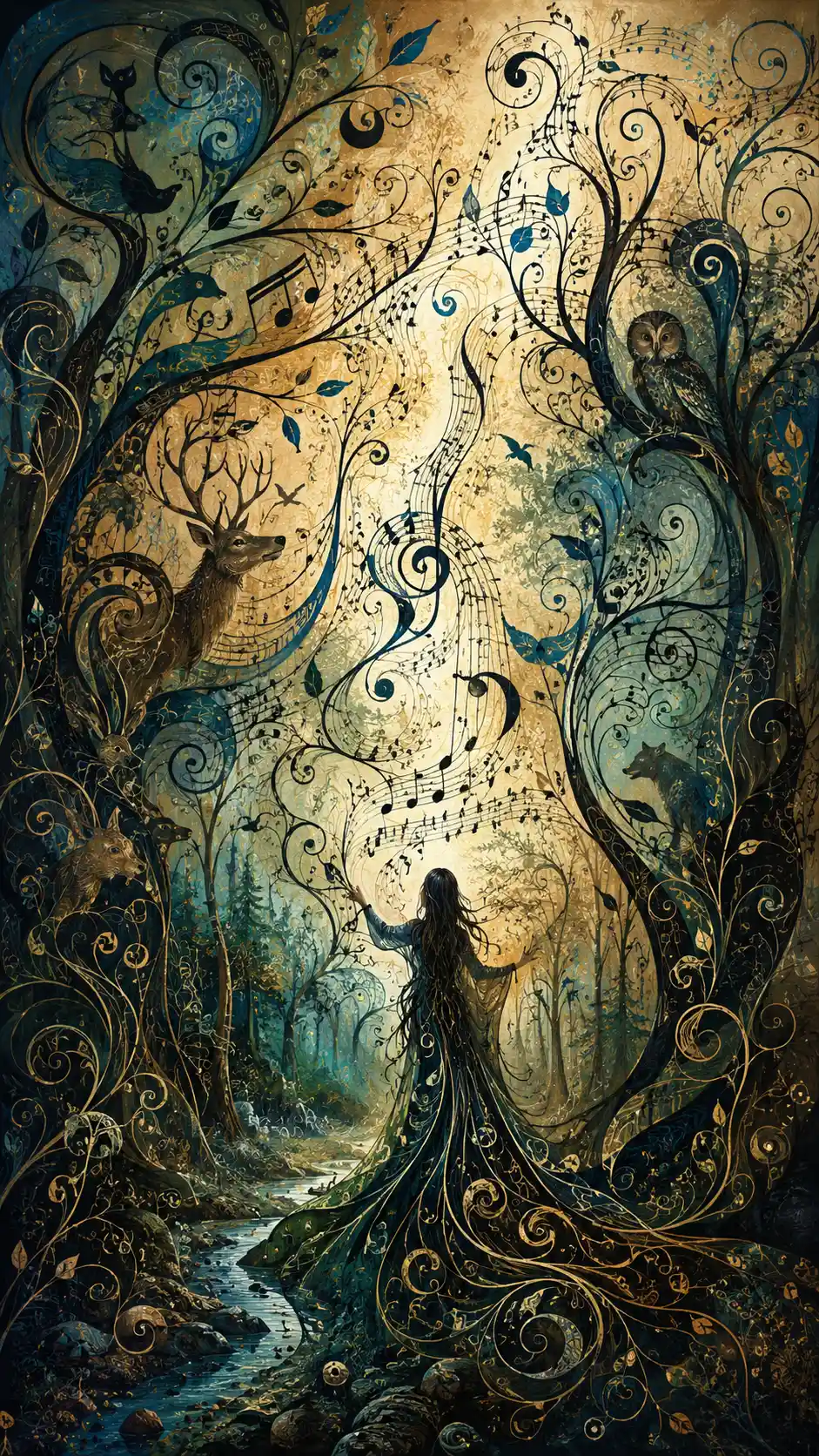 Forest of musical symbols woven into flowing calligraphic vines