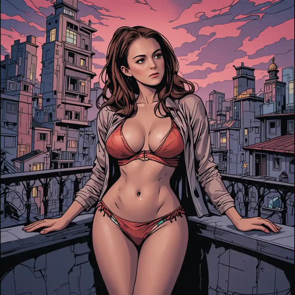 Sultry woman in bikini on a bright city terrace