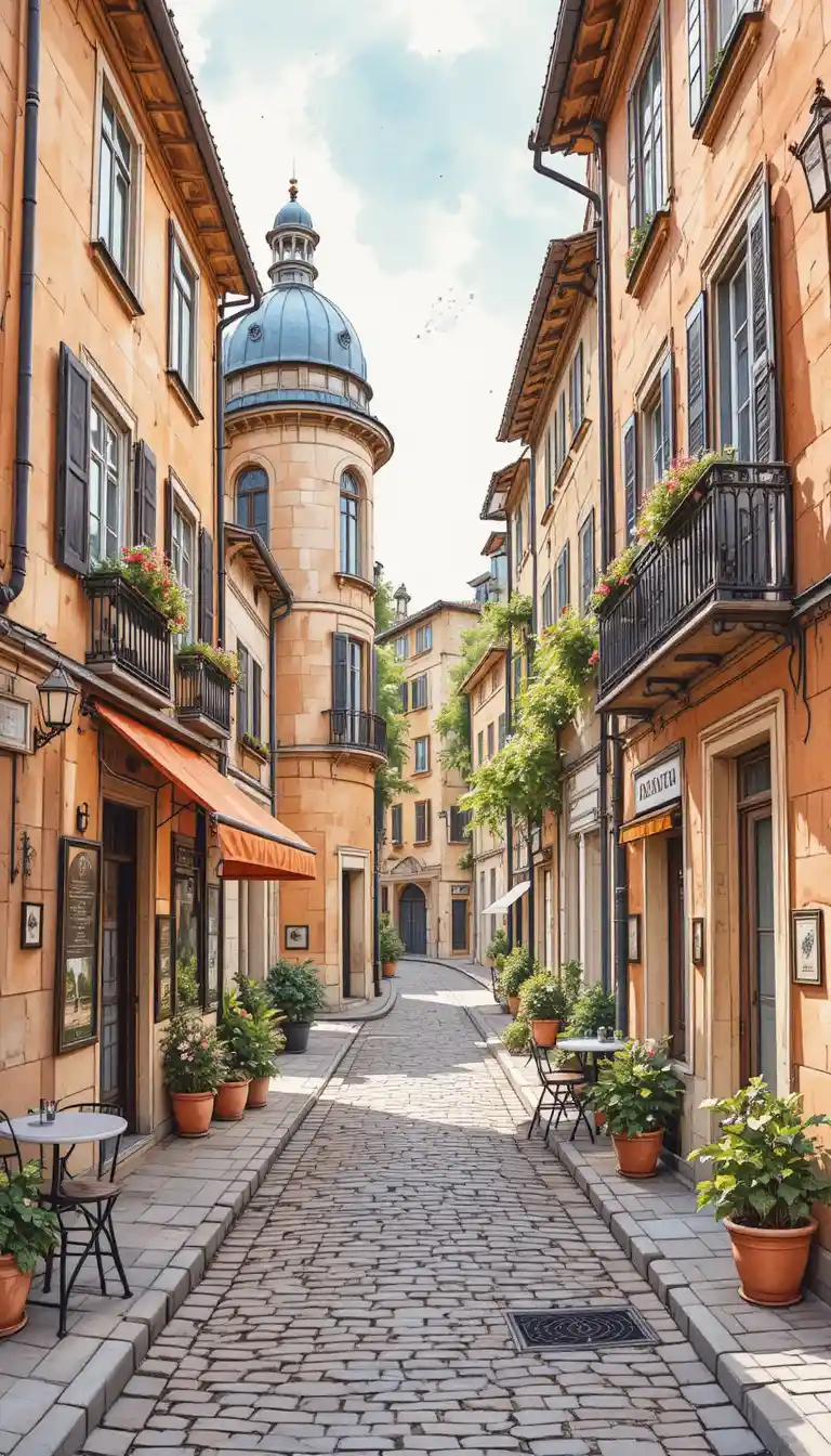 Watercolor European street with cafe and historic townhouses