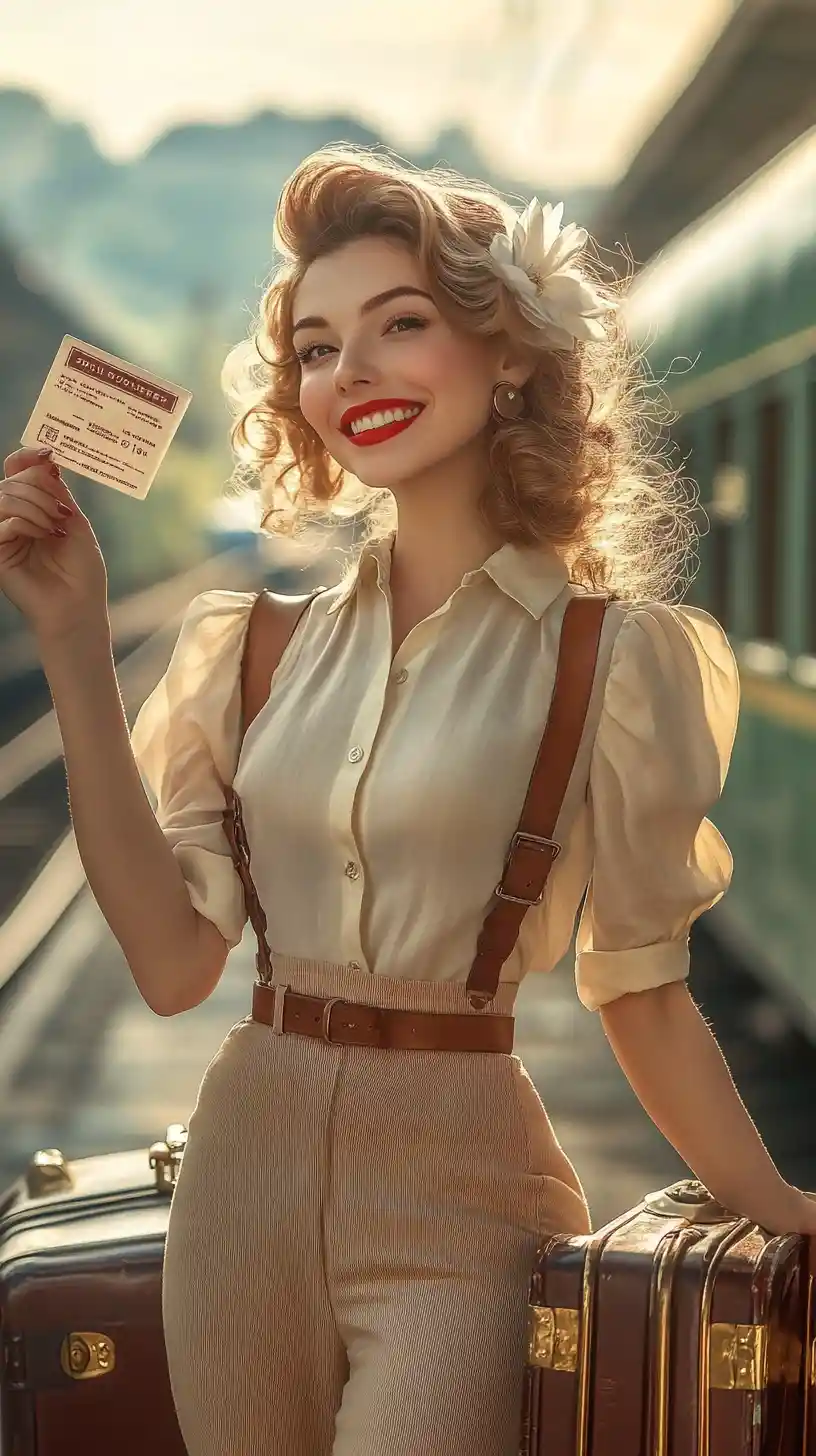 Smiling vintage traveler posing with ticket on platform