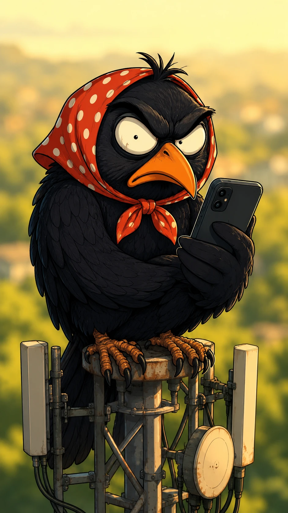 Angry black crow on cell tower with red polka dot scarf
