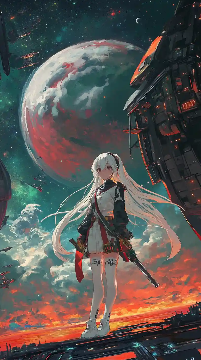 Anime girl floating in space near a futuristic station