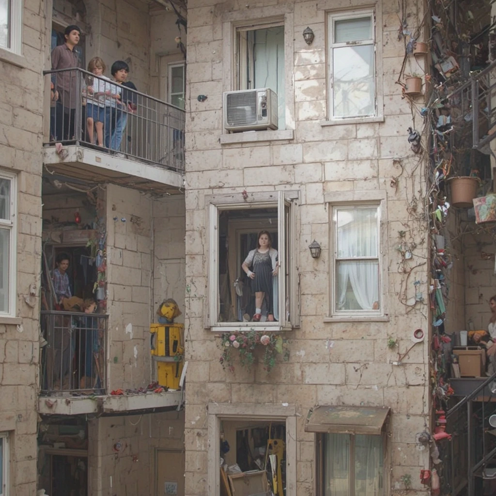 Young girl falling from upper floor apartment window