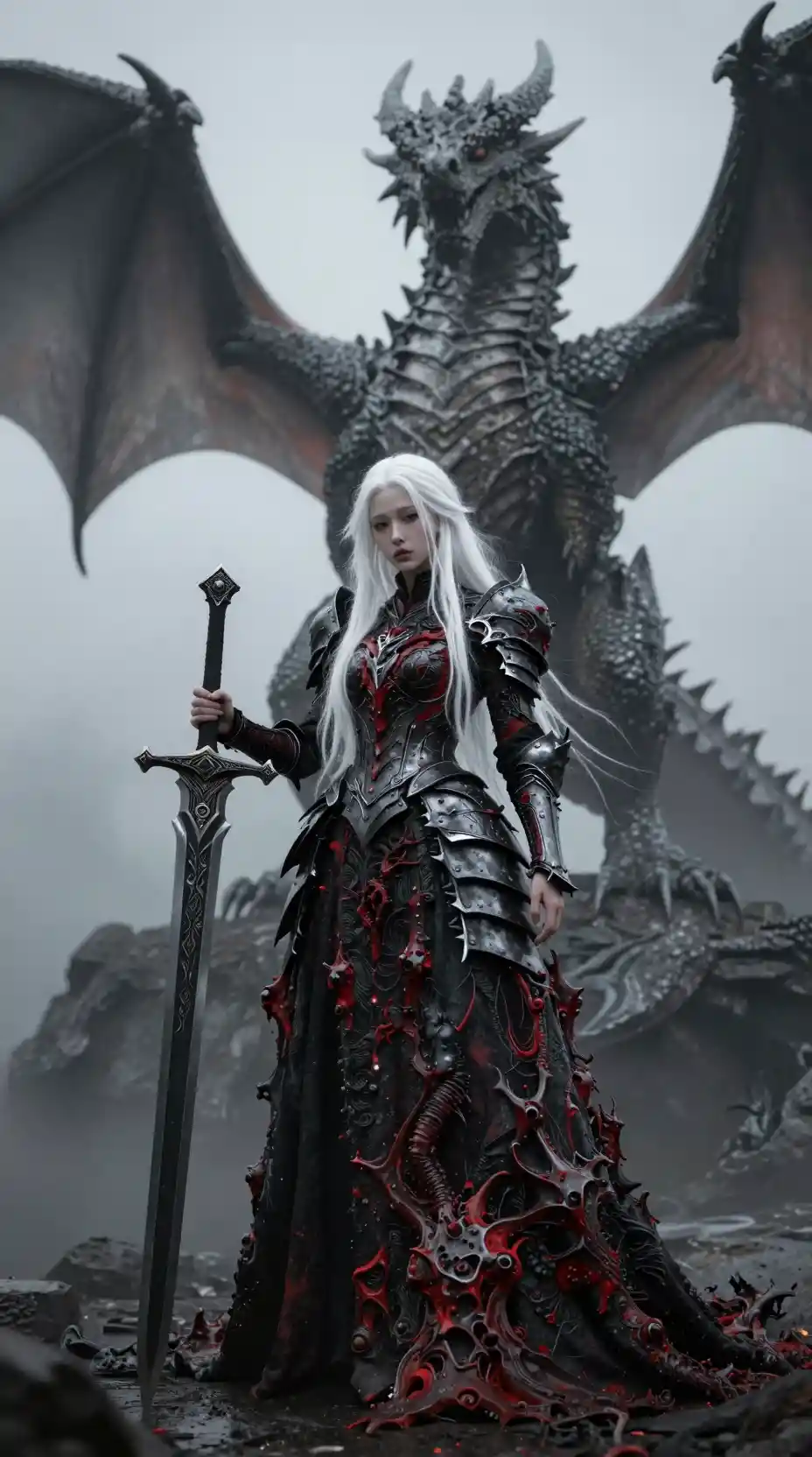 Pale armored woman with dragon under a misty gray sky