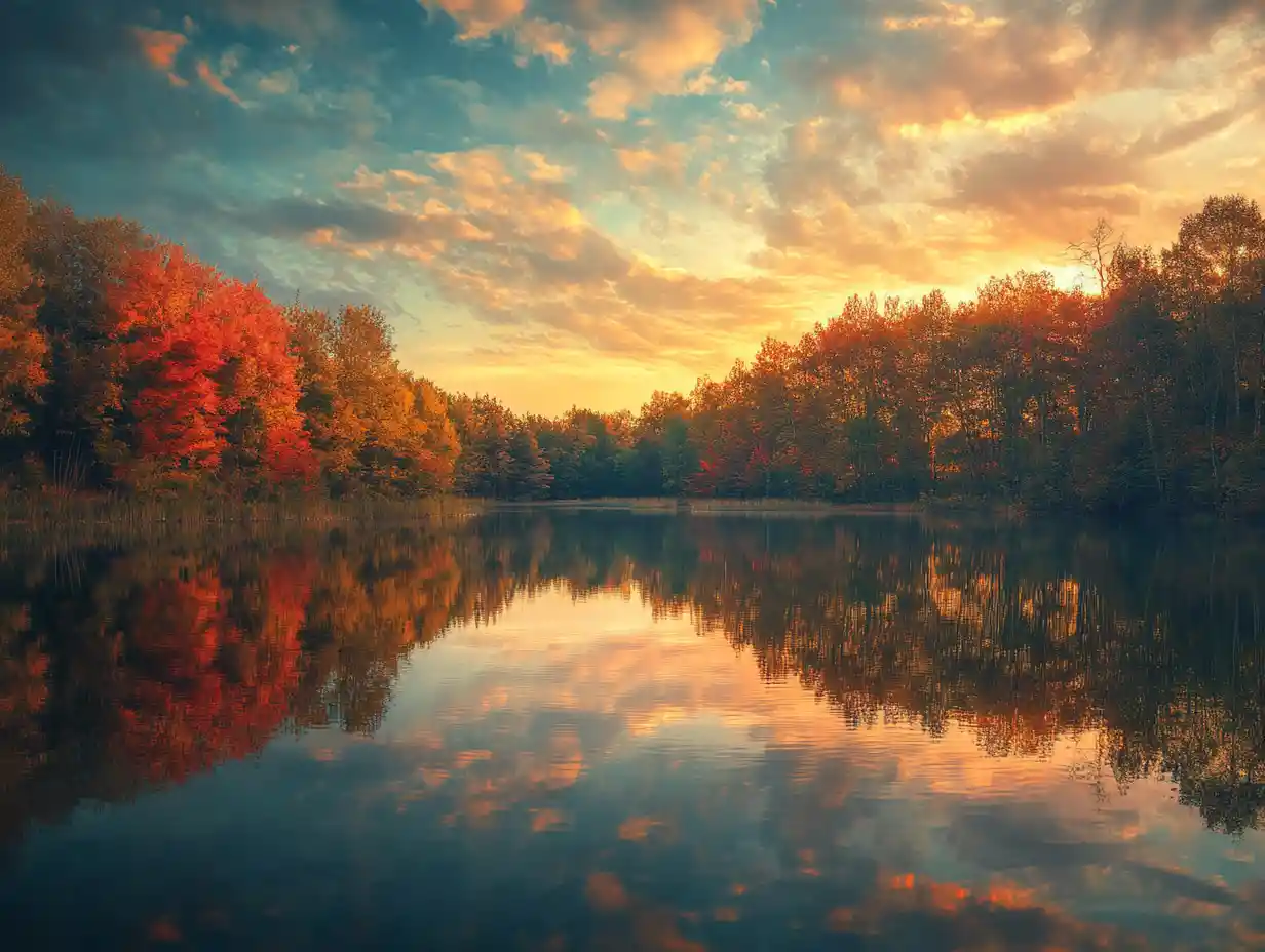 Tranquil lake landscape at colorful fall sundown reflection