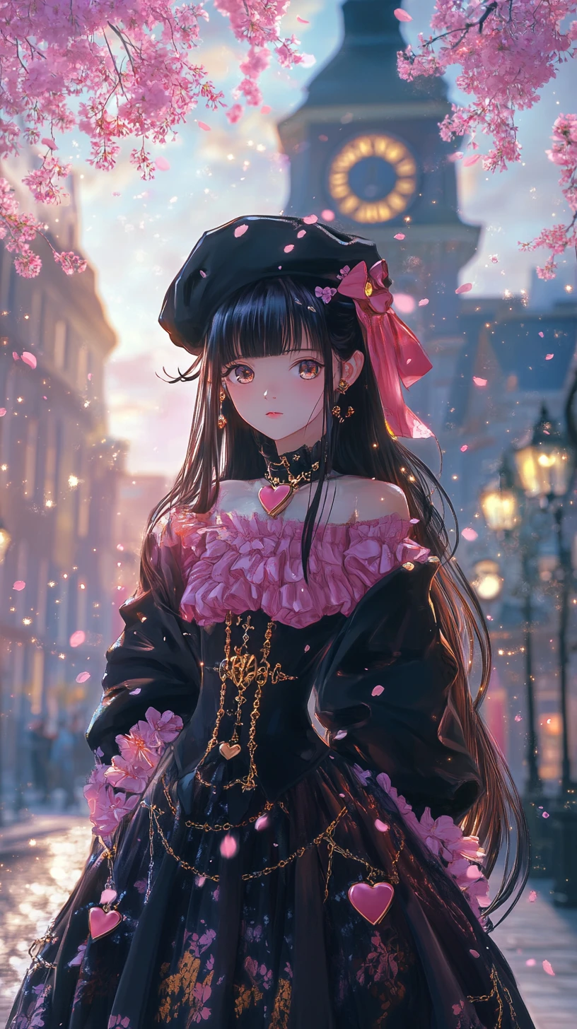 Chica de anime con atuendo gótico en una calle de cerezos en flor
