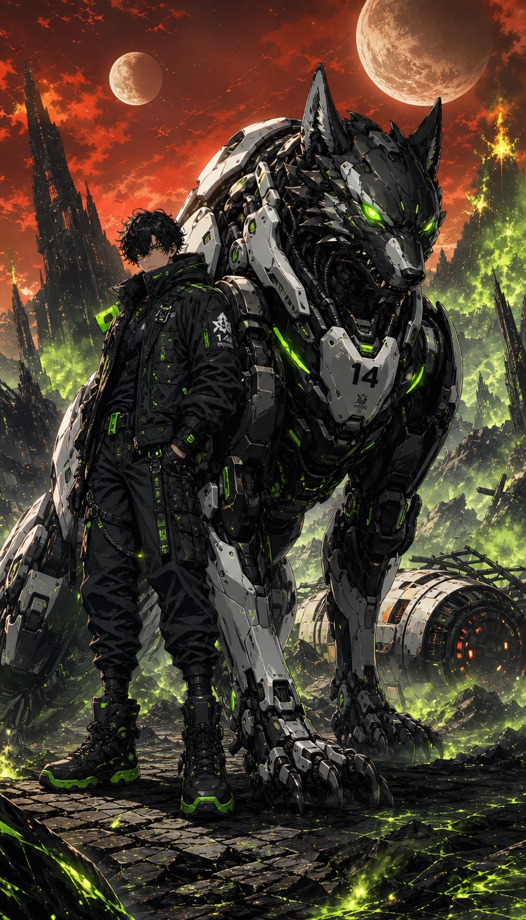 Techwear man and mechanical wolf on toxic alien world