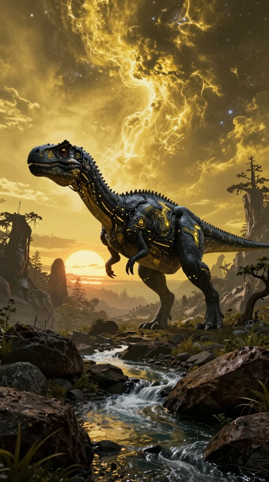 Außerirdischer Dinosaurier in einer neonfarbenen Sci‑Fi‑Waldlandschaft bei Sonnenuntergang