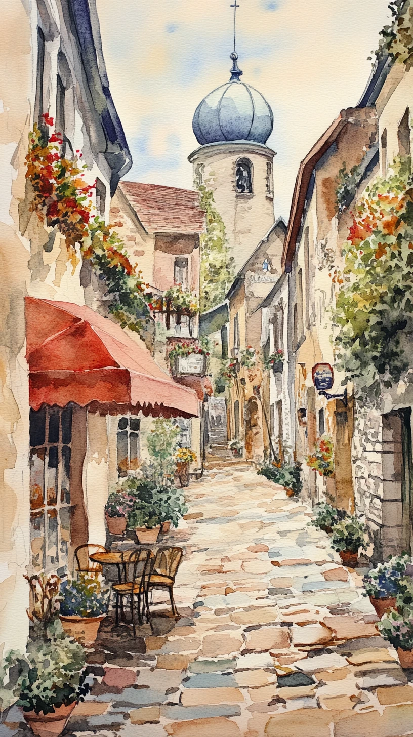 Watercolor european street with cozy cafe and townhouses